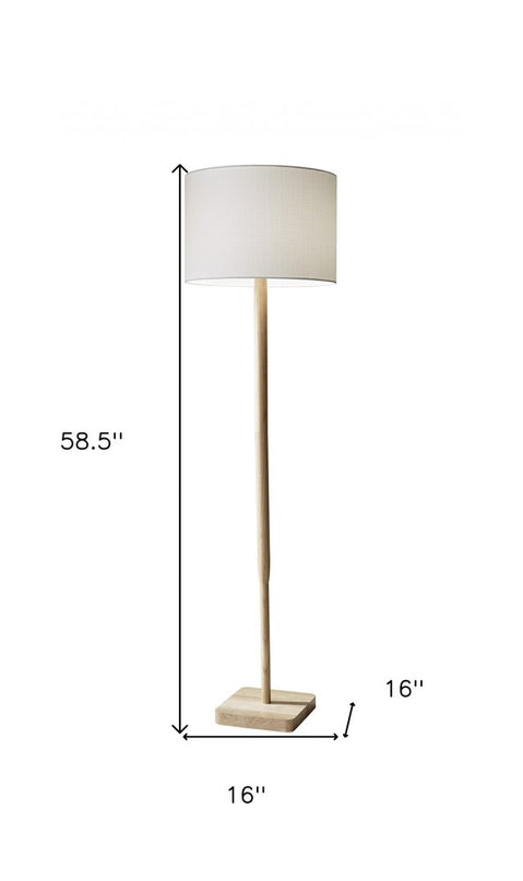 59" Natural Solid Wood Floor Lamp With White Linen Drum Shade