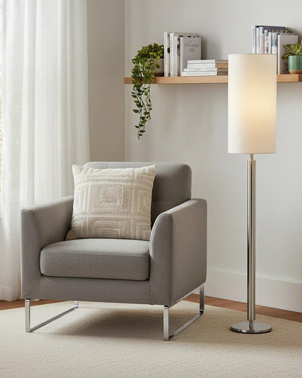58" Silver Floor Lamp With White Fabric Drum Shade