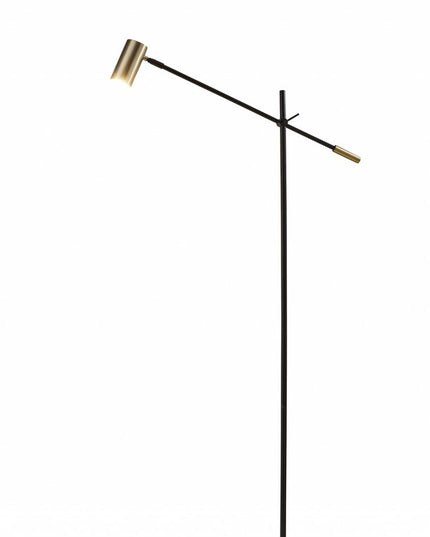 63" Black And Gold Adjustable LED Task Floor Lamp With Antiqued Brass Metal Cylinder Shade
