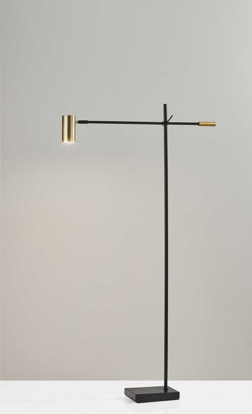 63" Black And Gold Adjustable LED Task Floor Lamp With Antiqued Brass Metal Cylinder Shade