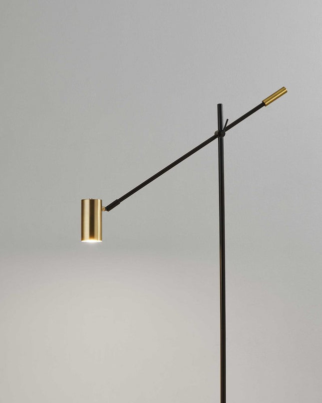 63" Black And Gold Adjustable LED Task Floor Lamp With Antiqued Brass Metal Cylinder Shade