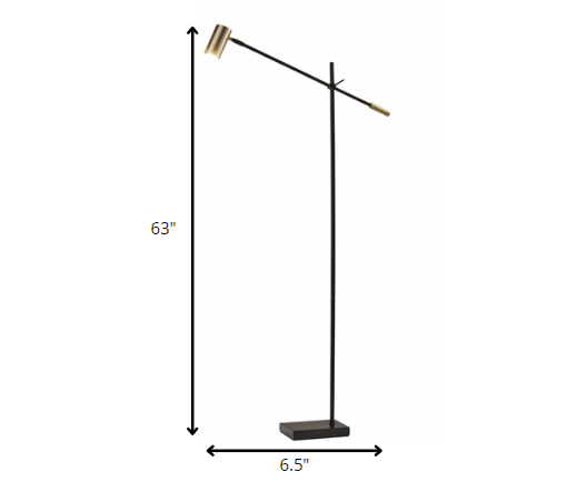 63" Black And Gold Adjustable LED Task Floor Lamp With Antiqued Brass Metal Cylinder Shade