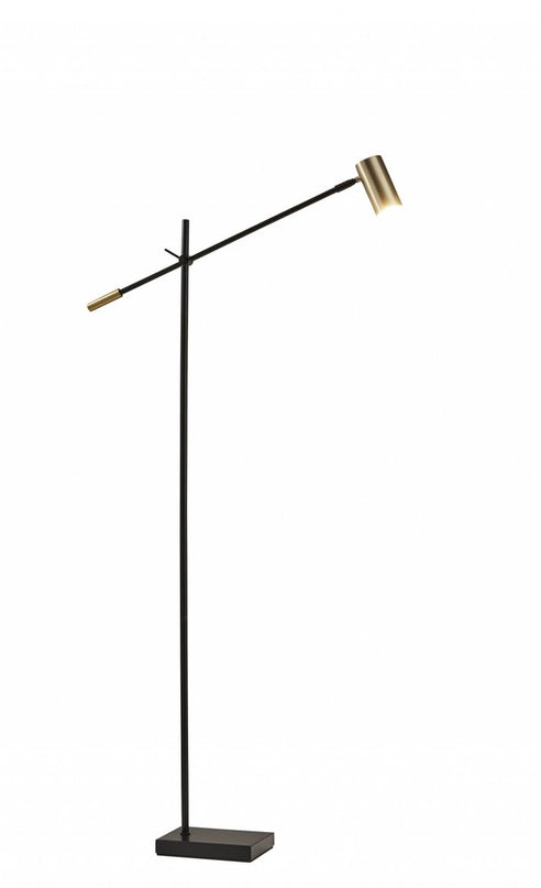 63" Black And Gold Adjustable LED Task Floor Lamp With Antiqued Brass Metal Cylinder Shade