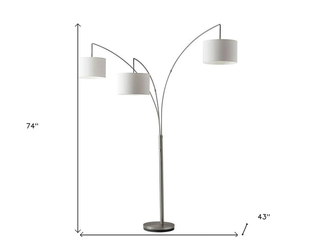 74" Silver Three Light Tree Floor Lamp With White Linen Drum Shade