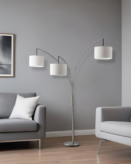 74" Silver Three Light Tree Floor Lamp With White Linen Drum Shade