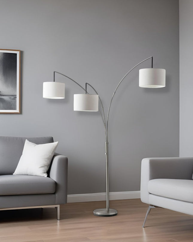 74" Silver Three Light Tree Floor Lamp With White Linen Drum Shade