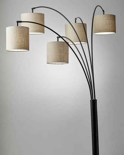 82" Bronze Five Light Tree Floor Lamp With Beige Fabric Drum Shade