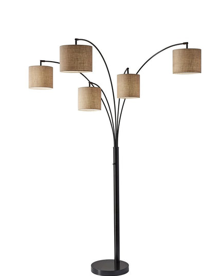 82" Bronze Five Light Tree Floor Lamp With Beige Fabric Drum Shade