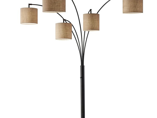 82" Bronze Five Light Tree Floor Lamp With Beige Fabric Drum Shade