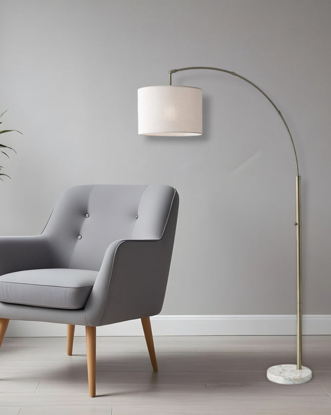 74" Silver Metal Arched Floor Lamp With Gray Linen Drum Shade