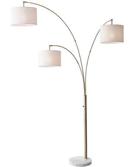 74" Brass Three Light Arc Floor Lamp With Off White Fabric Drum Shade