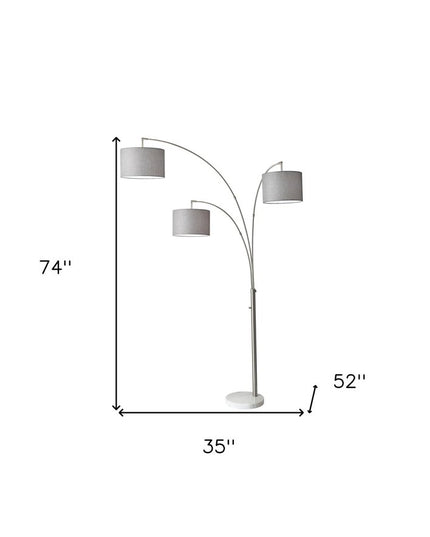 74" Silver Three Light Adjustable Tree Floor Lamp With Gray Linen Drum Shade