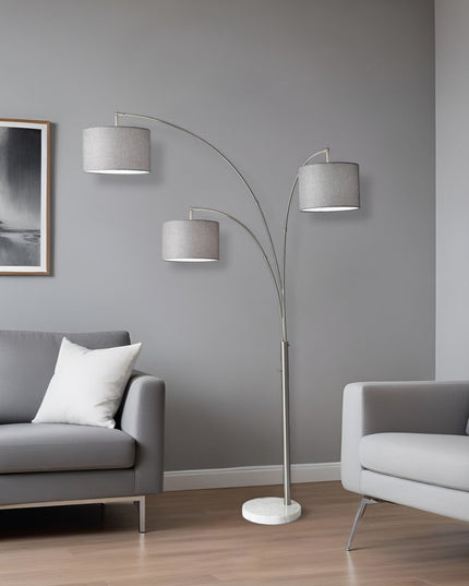 74" Silver Three Light Adjustable Tree Floor Lamp With Gray Linen Drum Shade