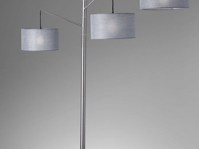 91" Silver Three Light Tree Floor Lamp With Gray Linen Drum Shade