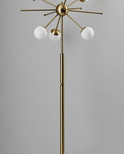 64" Brass Six Light LED Novelty Floor Lamp With White Glass Globe Shades