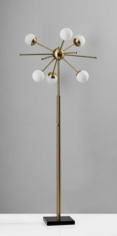 64" Brass Six Light LED Novelty Floor Lamp With White Glass Globe Shades