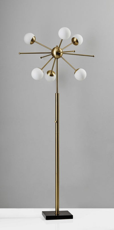 64" Brass Six Light LED Novelty Floor Lamp With White Glass Globe Shades
