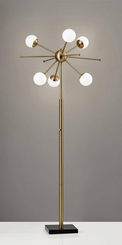 64" Brass Six Light LED Novelty Floor Lamp With White Glass Globe Shades
