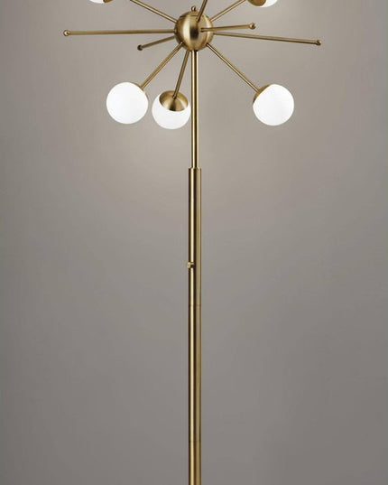 64" Brass Six Light LED Novelty Floor Lamp With White Glass Globe Shades