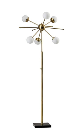 64" Brass Six Light LED Novelty Floor Lamp With White Glass Globe Shades