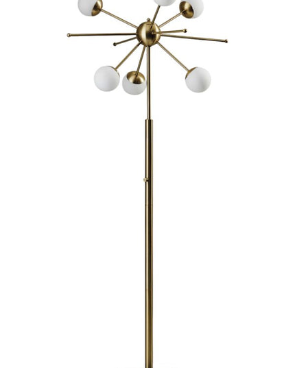 64" Brass Six Light LED Novelty Floor Lamp With White Glass Globe Shades