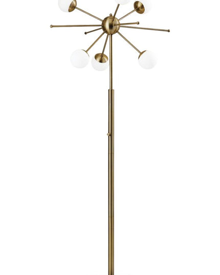 64" Brass Six Light LED Novelty Floor Lamp With White Glass Globe Shades