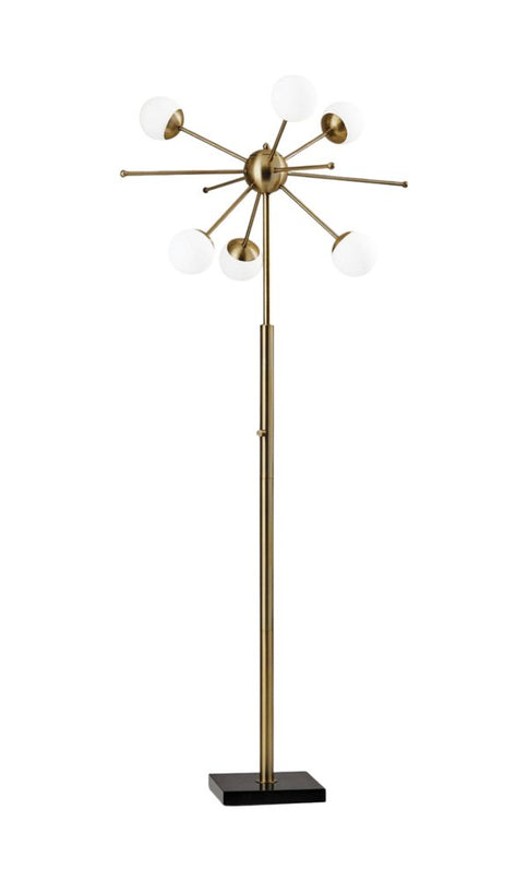 64" Brass Six Light LED Novelty Floor Lamp With White Glass Globe Shades