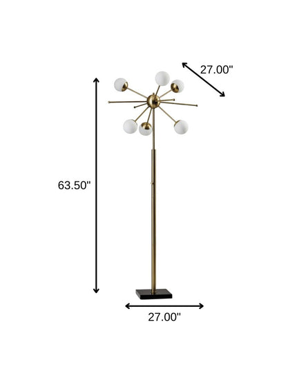 64" Brass Six Light LED Novelty Floor Lamp With White Glass Globe Shades