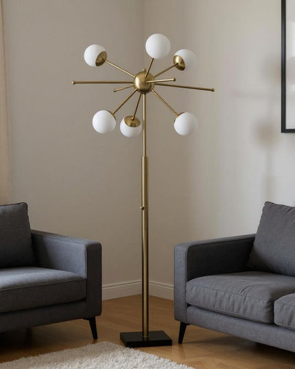 64" Brass Six Light LED Novelty Floor Lamp With White Glass Globe Shades