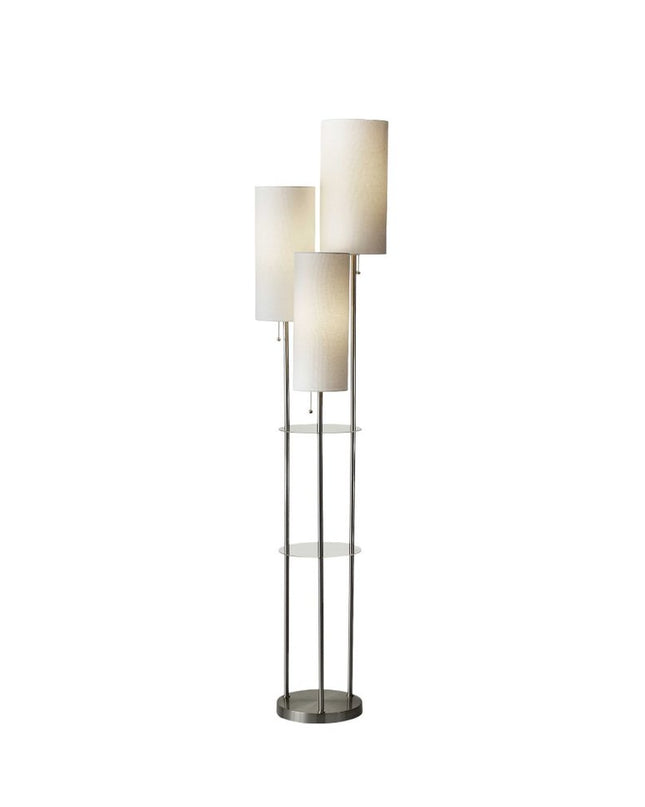 68" Silver Three Light Novelty Floor Lamp With White Linen Cylinder Shade