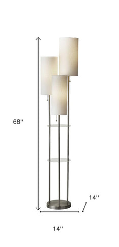68" Silver Three Light Novelty Floor Lamp With White Linen Cylinder Shade