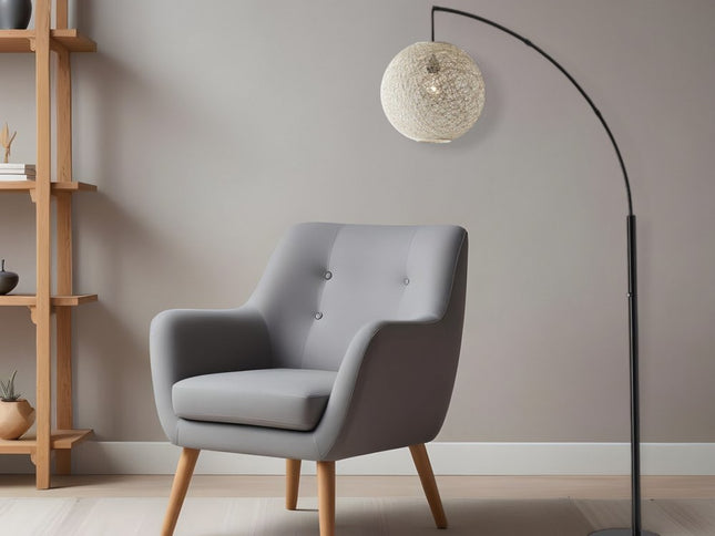 77" Antiqued Bronze Arched Floor Lamp With Groovy Beige Abstract Wicker Globe Shade