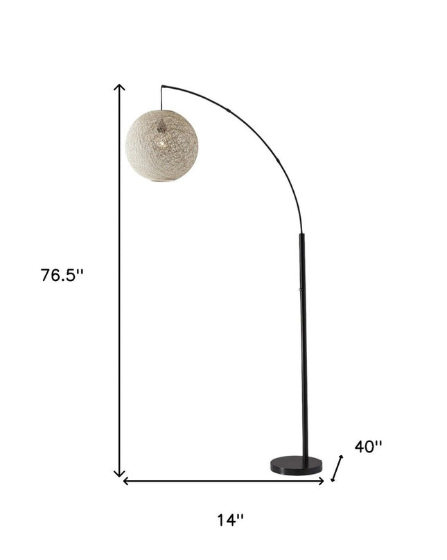 77" Antiqued Bronze Arched Floor Lamp With Groovy Beige Abstract Wicker Globe Shade