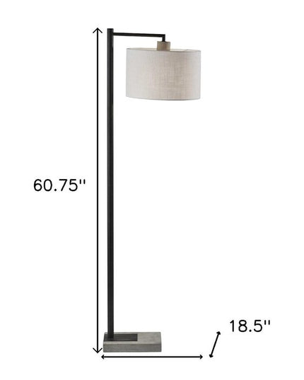 61" Grey And Black Arc Floor Lamp With White Fabric Drum Shade