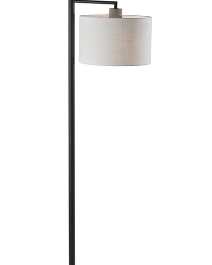61" Grey And Black Arc Floor Lamp With White Fabric Drum Shade