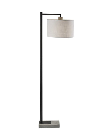 61" Grey And Black Arc Floor Lamp With White Fabric Drum Shade