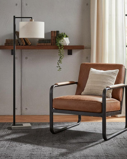 61" Grey And Black Arc Floor Lamp With White Fabric Drum Shade