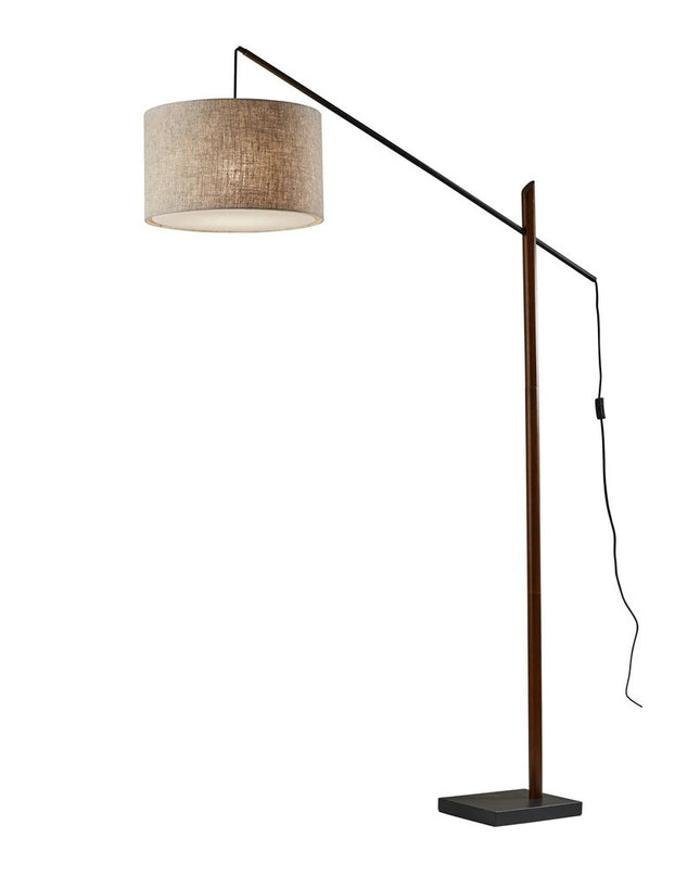 77" Beige And Black Swing Arm Floor Lamp With Beige Fabric Drum Shade