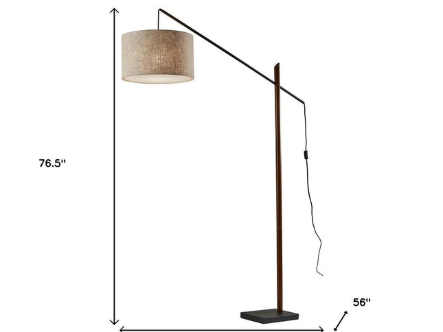 77" Beige And Black Swing Arm Floor Lamp With Beige Fabric Drum Shade