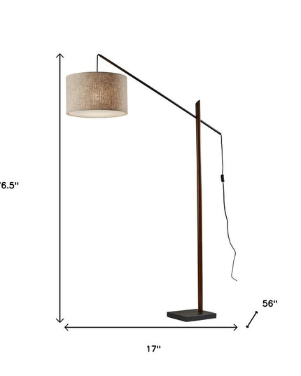 77" Beige And Black Swing Arm Floor Lamp With Beige Fabric Drum Shade