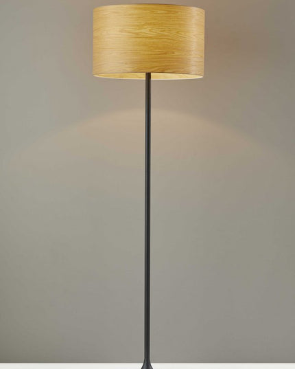 60" Brown And Black Floor Lamp With Brown Veneer Drum Shade