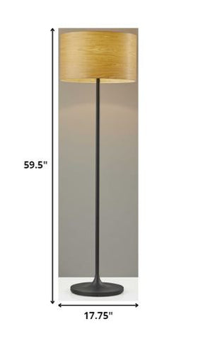 60" Brown And Black Floor Lamp With Brown Veneer Drum Shade