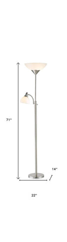 71" Silver Metal Two Light Torchiere Floor Lamp With White Bowl Shade