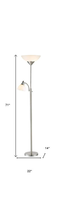 71" Silver Metal Two Light Torchiere Floor Lamp With White Bowl Shade