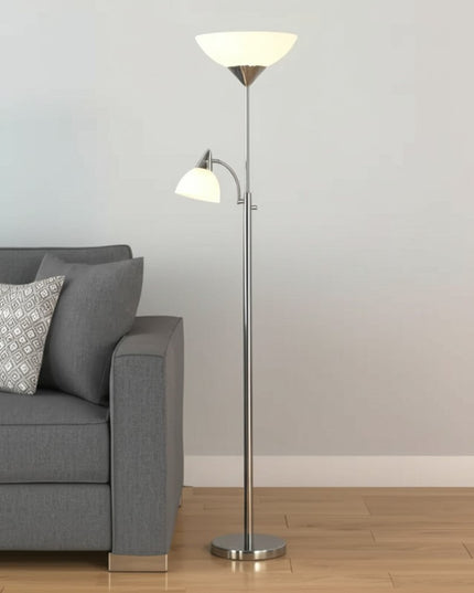 71" Silver Metal Two Light Torchiere Floor Lamp With White Bowl Shade