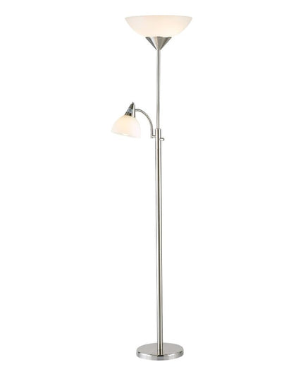 71" Silver Metal Two Light Torchiere Floor Lamp With White Bowl Shade