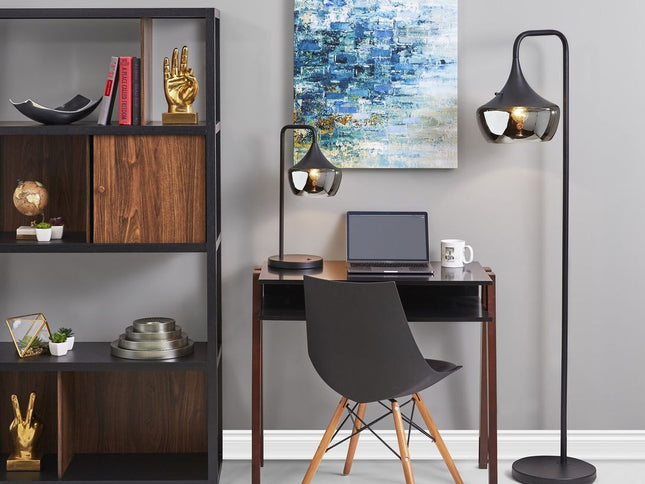 64" Black Task Floor Lamp With Black Glass Bowl Shade