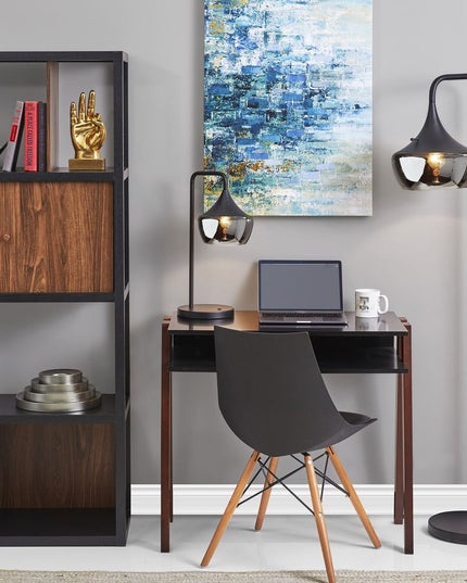 64" Black Task Floor Lamp With Black Glass Bowl Shade