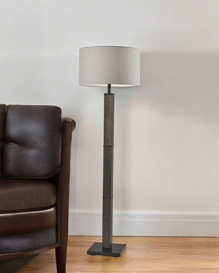 62" Black Wood And Metal Floor Lamp With Light Gray Fabric Drum Shade