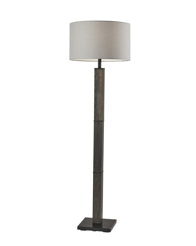 62" Black Wood And Metal Floor Lamp With Light Gray Fabric Drum Shade